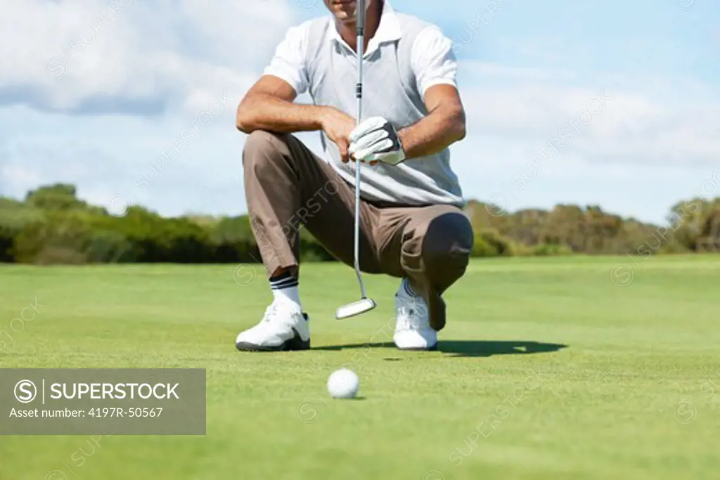Cropped view of a golfer crouched near his ball on the green and evaluating his choice of putter