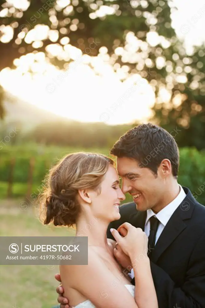 Lovely bride and groom holding hands while facing each other and smiling as the sun sets in the background