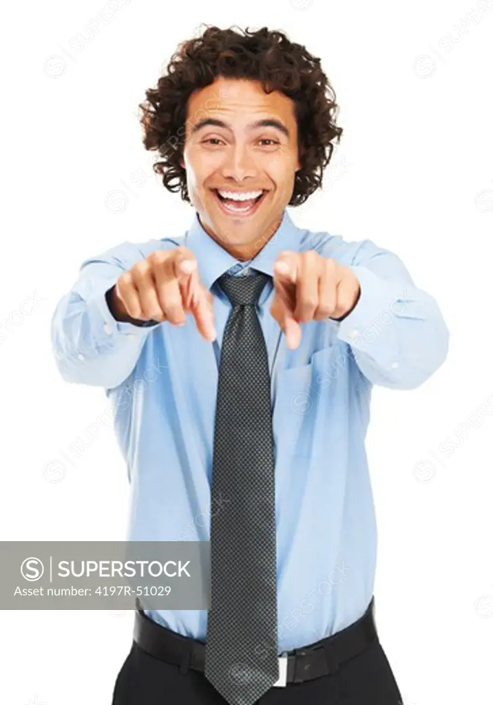 Portrait of a young businessman pointing at you with both hands