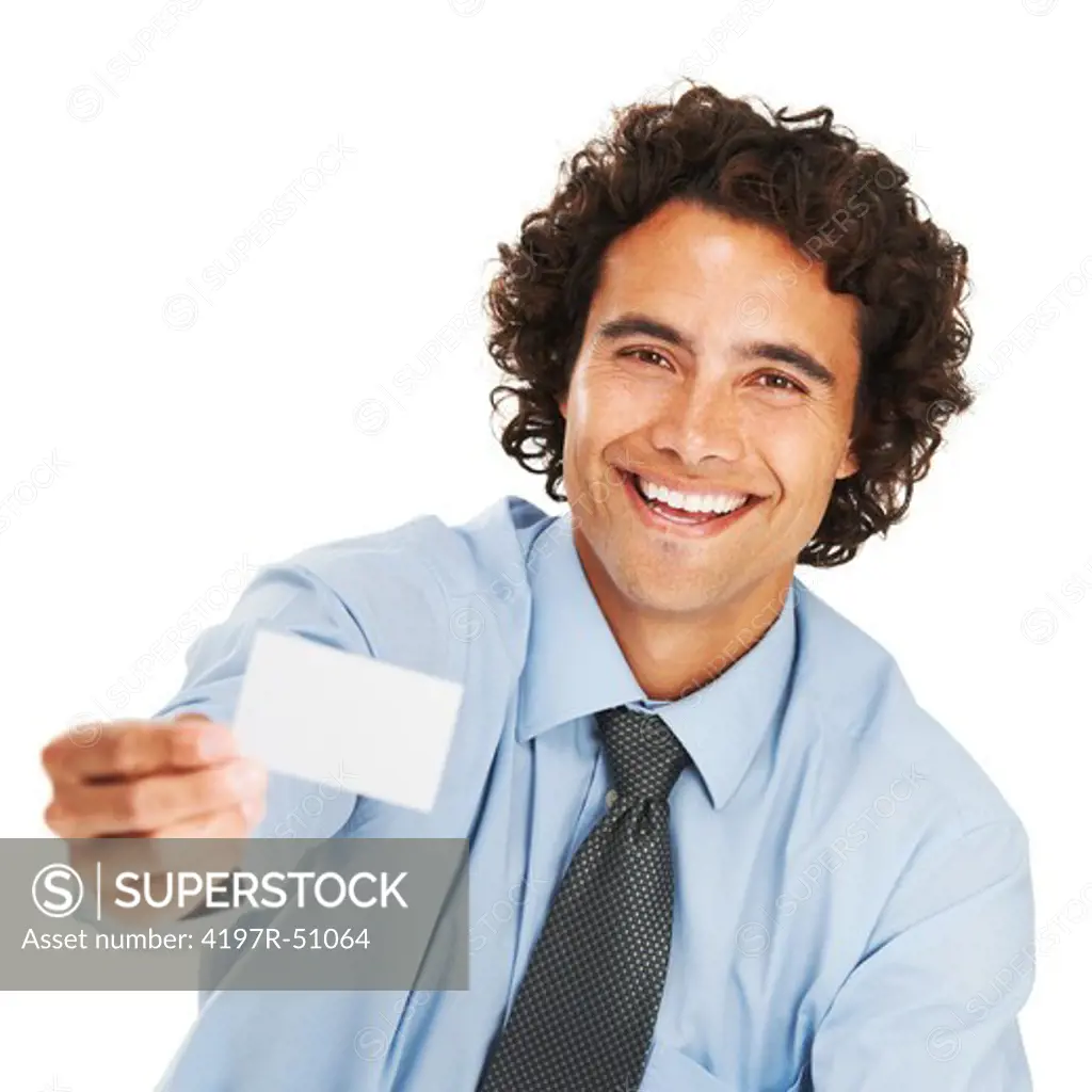 Portrait of a young businessman holding a blank card