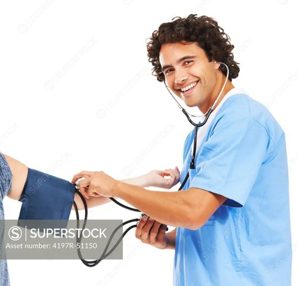 Portrait of a young doctor taking someone's blood pressure