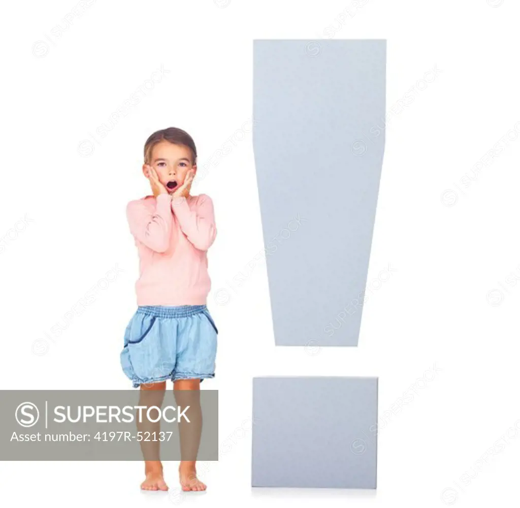 Surprised little girl with exclamation marks over white background