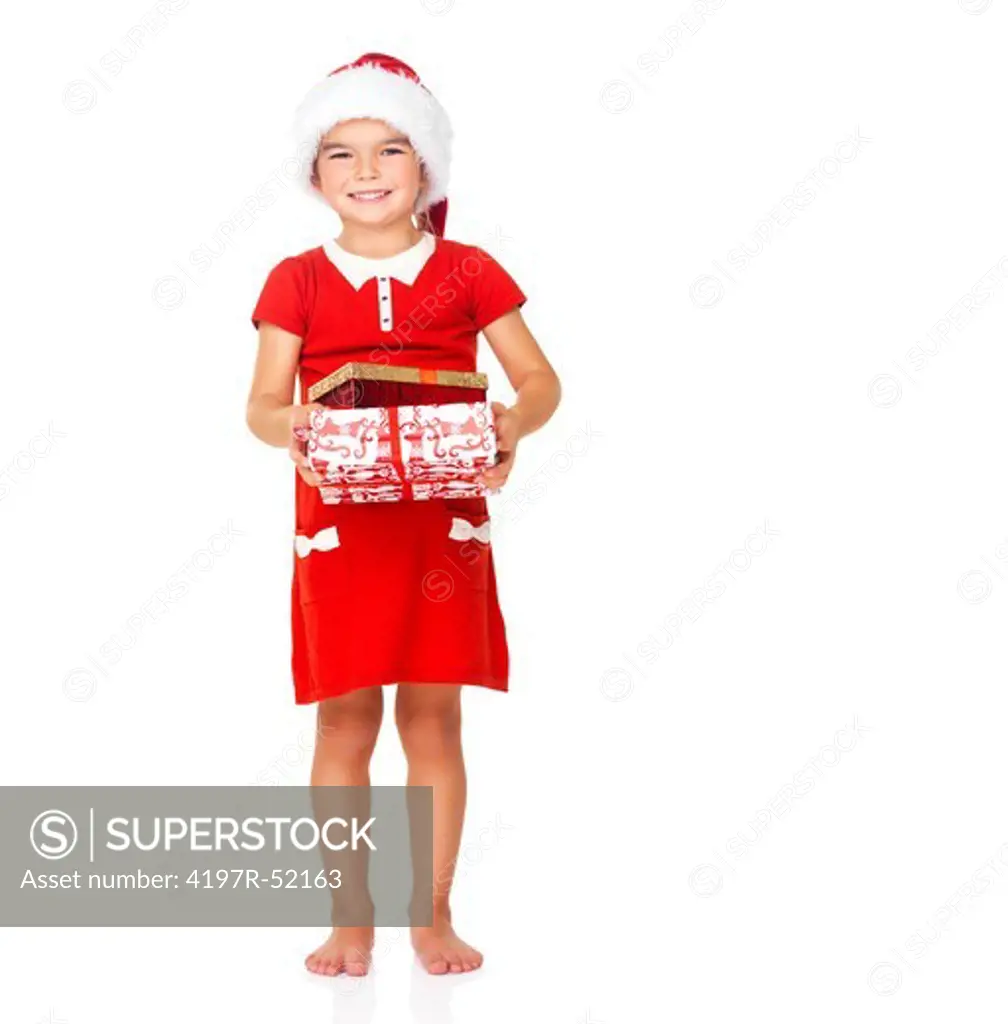 Portrait of a little girl with Santa hat and gift on white background