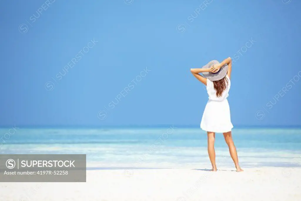 Rear view of young woman enjoying on beach