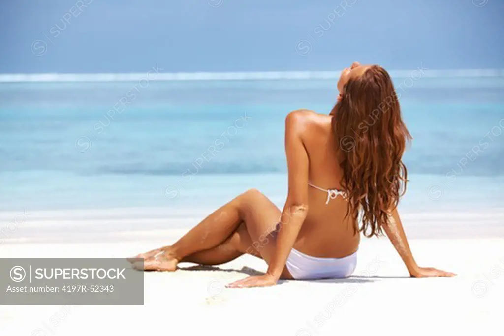 Rear view of young woman relaxing at beach