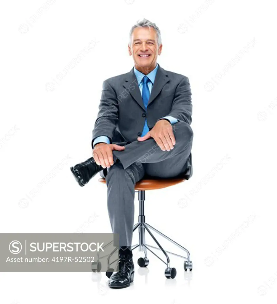 Portrait of confident business man sitting on a chair isolated over a white background