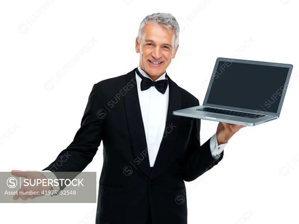 Portrait of mature business man displaying laptop isolated over white background