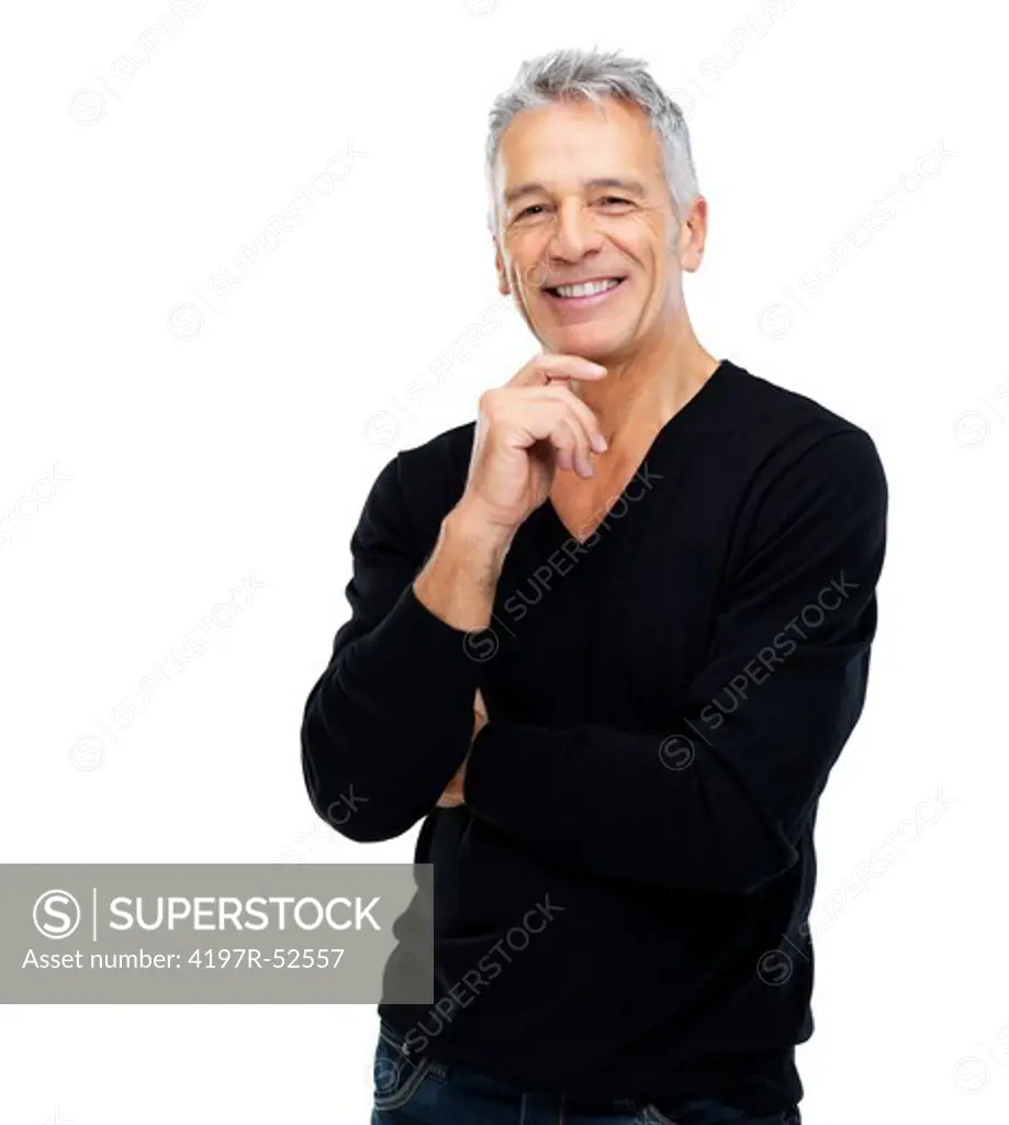 Portrait of a handsome mature guy standing isolated on white background