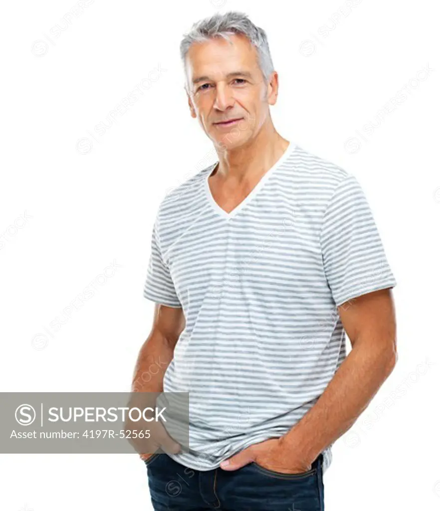 Portrait of casual senior man with hands in his pockets over white background