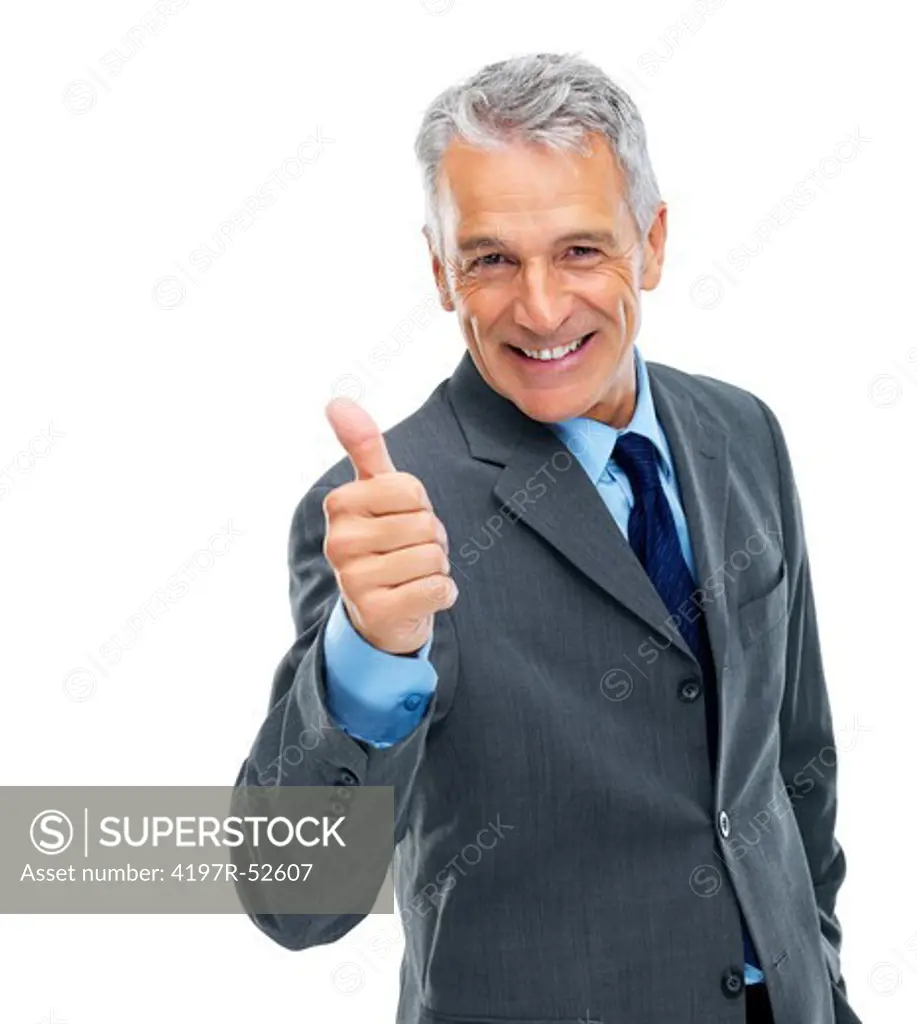 Portrait of confident mature businessman giving you thumbs up on white background