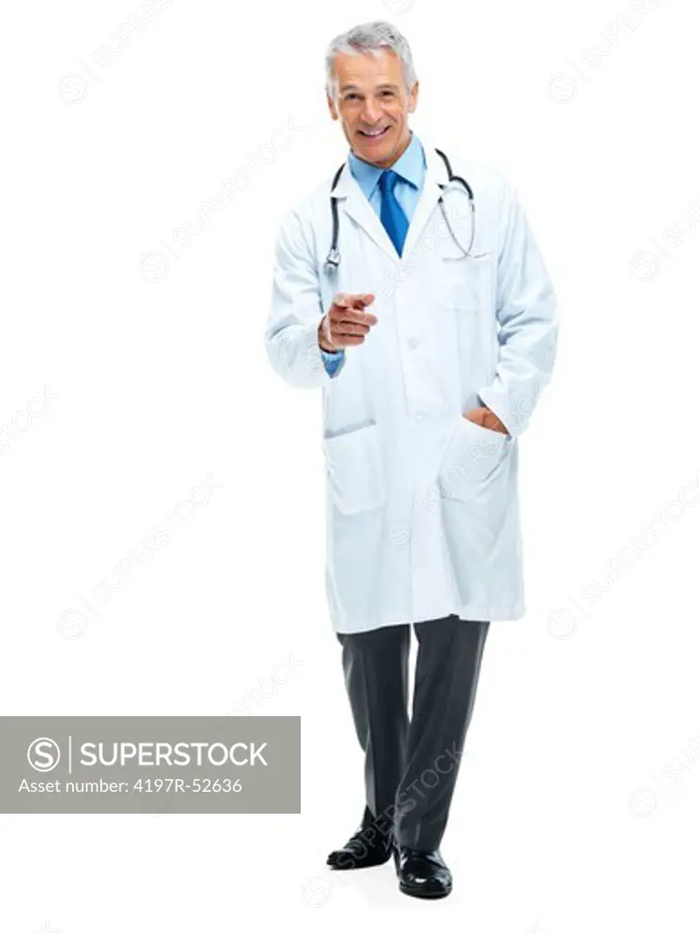 Full length portrait of successful doctor pointing at you against white background