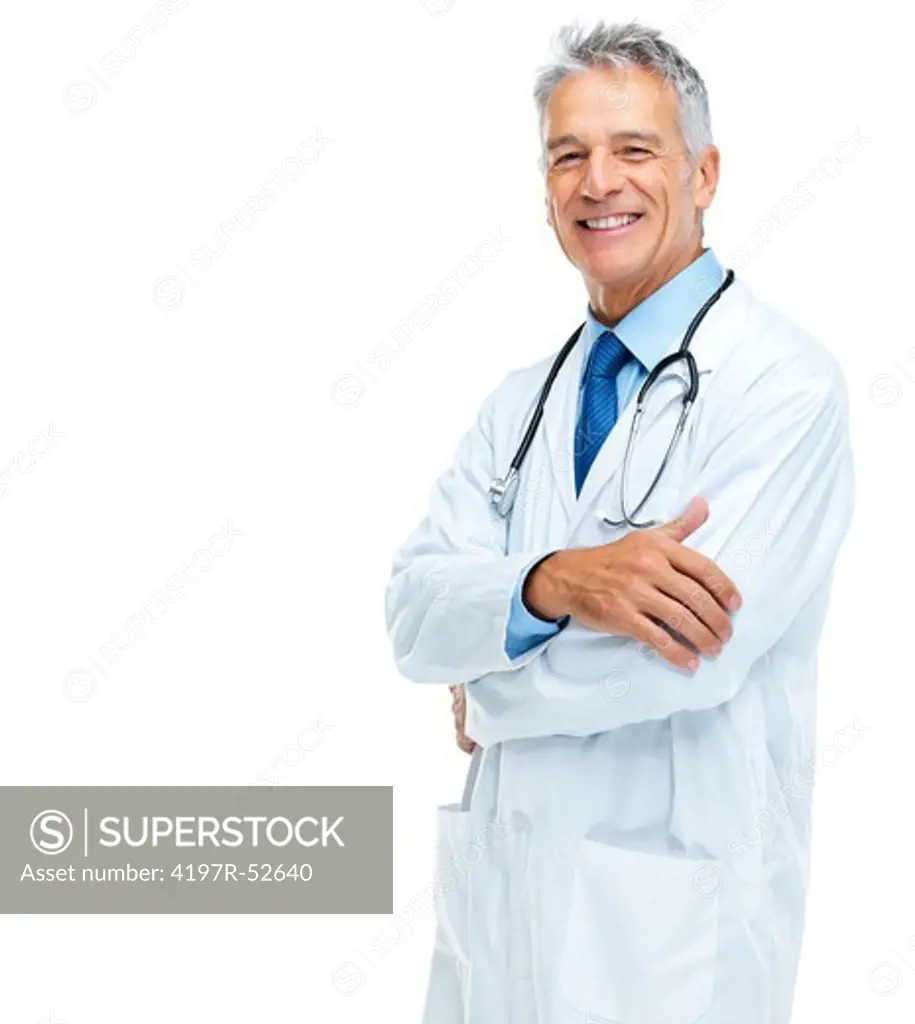 Portrait of smiling senior male doctor with hands folded on white background