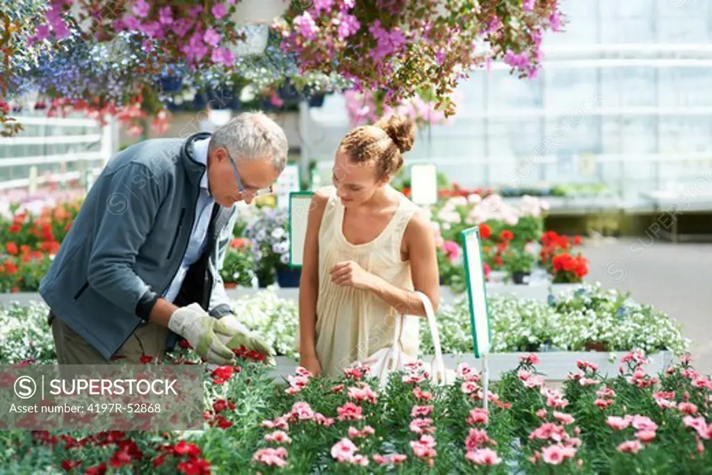 mature caucasian male florist showing attractive ethnic woman variety of flowers