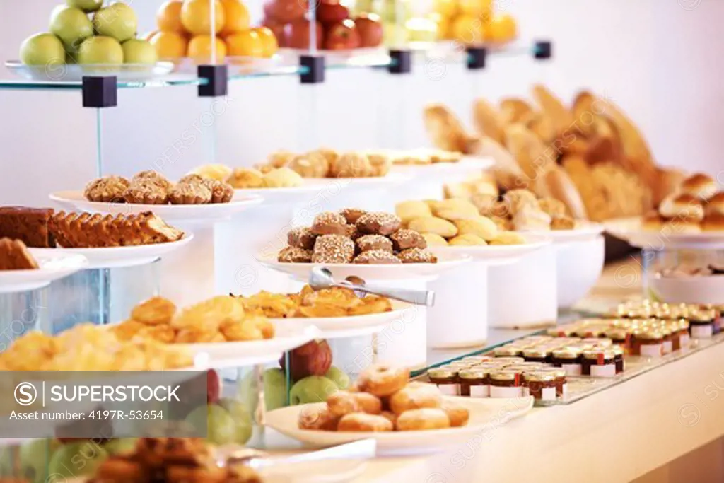 Catering buffet food in luxury restaurant with dessert and fresh fruits