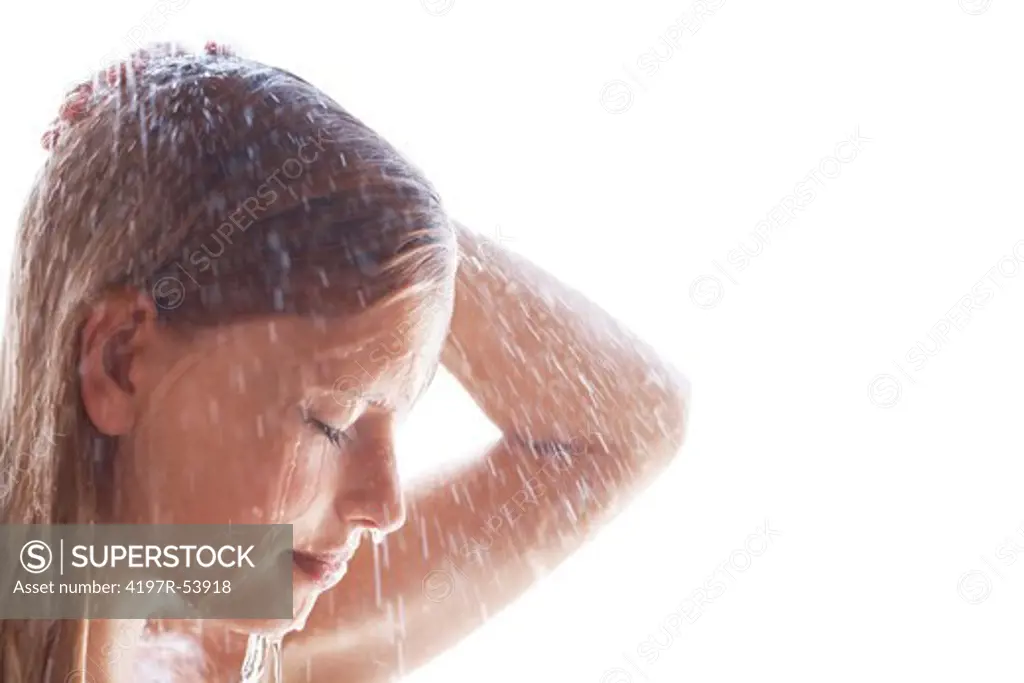Closeup of pretty young girl taking shower