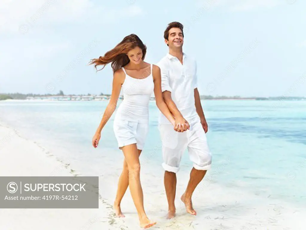 Happy attractive couple strolling along a beautiful calm beach