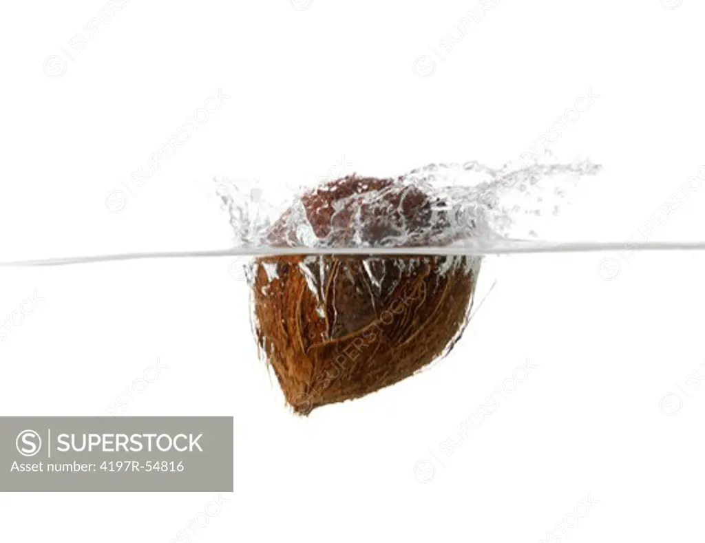 Splashing coconut as it hits the water surface while isolated on white