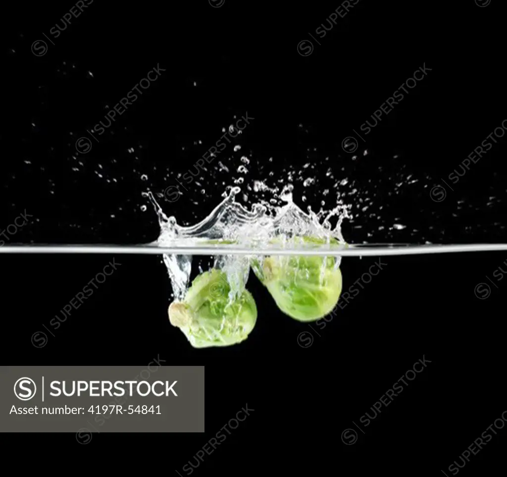 Healthy brussel sprouts breaking the surface of water as they are dropped - Isolated on black