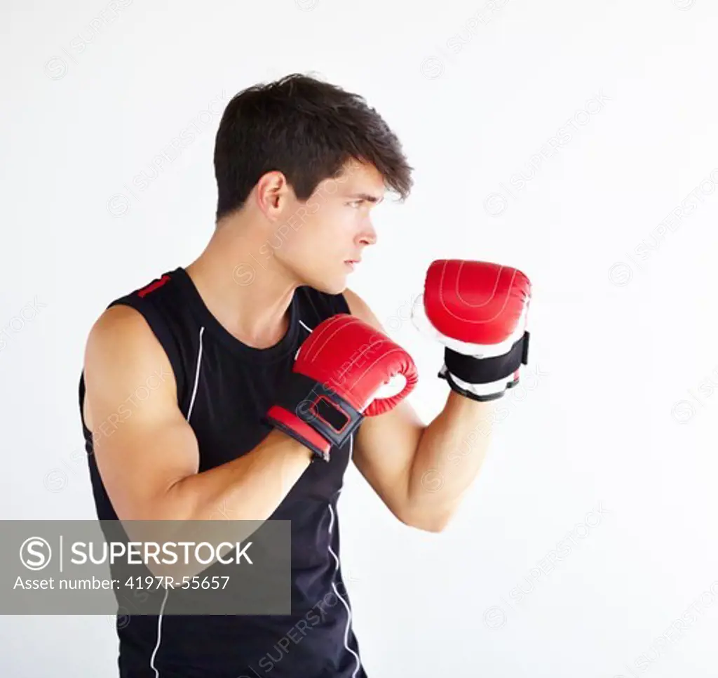Young boxer with his fists up while wearing gloves and isolated on white - profile