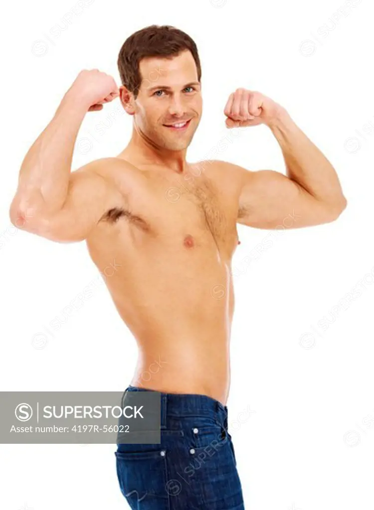 Portrait of a handsome young man flexing his bicep muscles