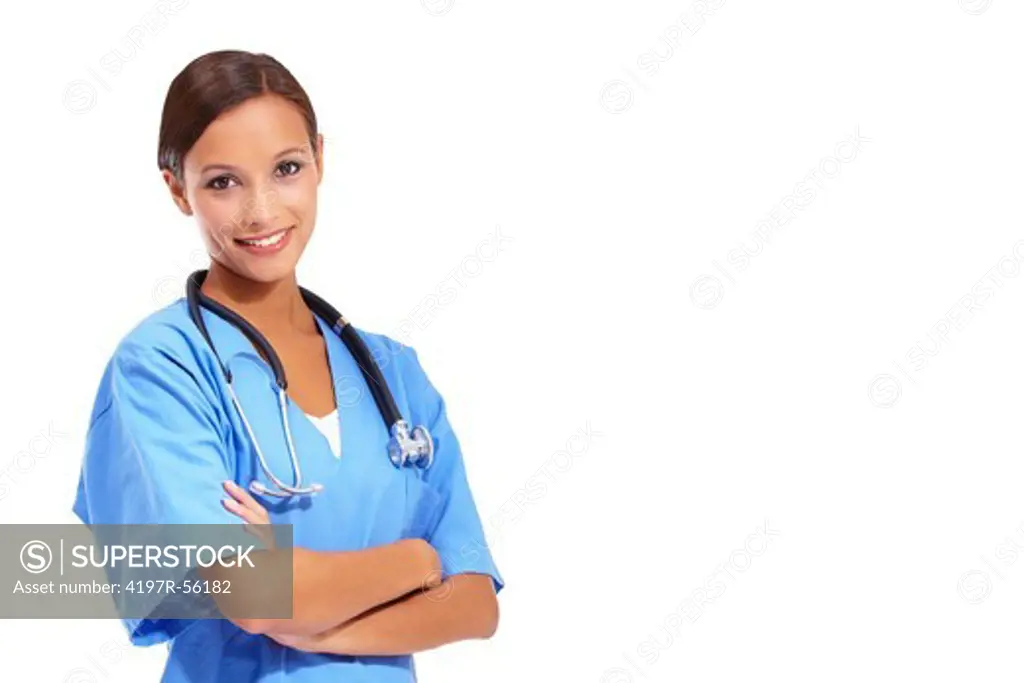 Cute young doctor standing with her arms folded while isolated on white