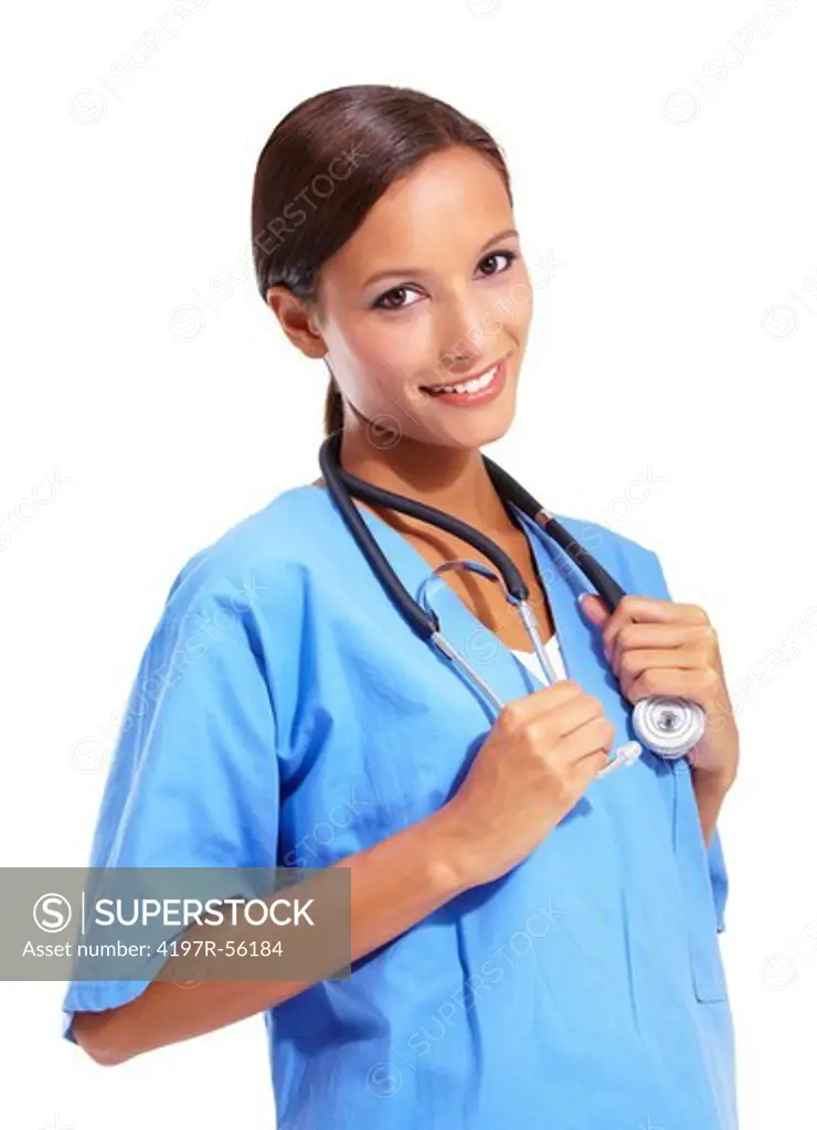 Pretty young doctor holding her stethoscope around her neck while isolated on white