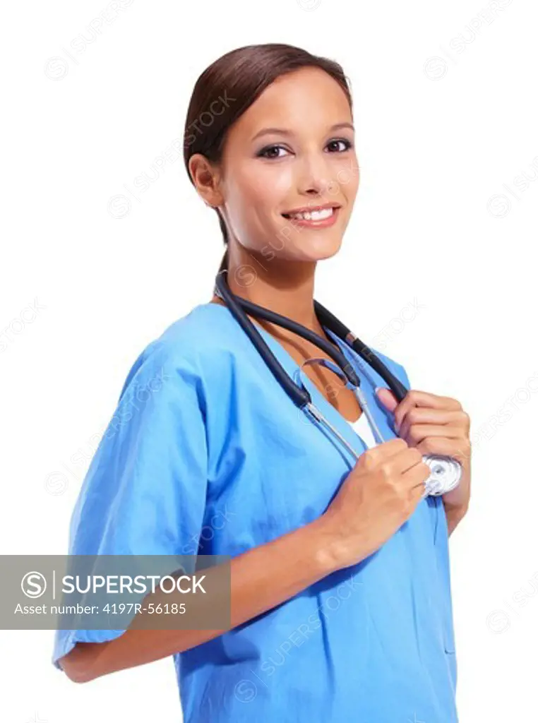 Lovely young doctor holding her stethoscope around her neck while isolated on white