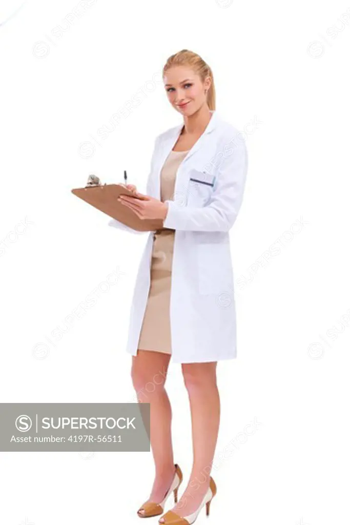 Gorgeous blonde doctor in a white overcoat holding a clipboard