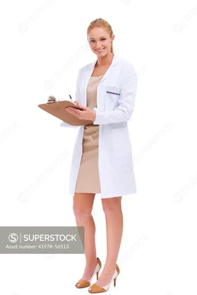 Full-length view of a smiling doctor in a white overcoat holding a clipboard