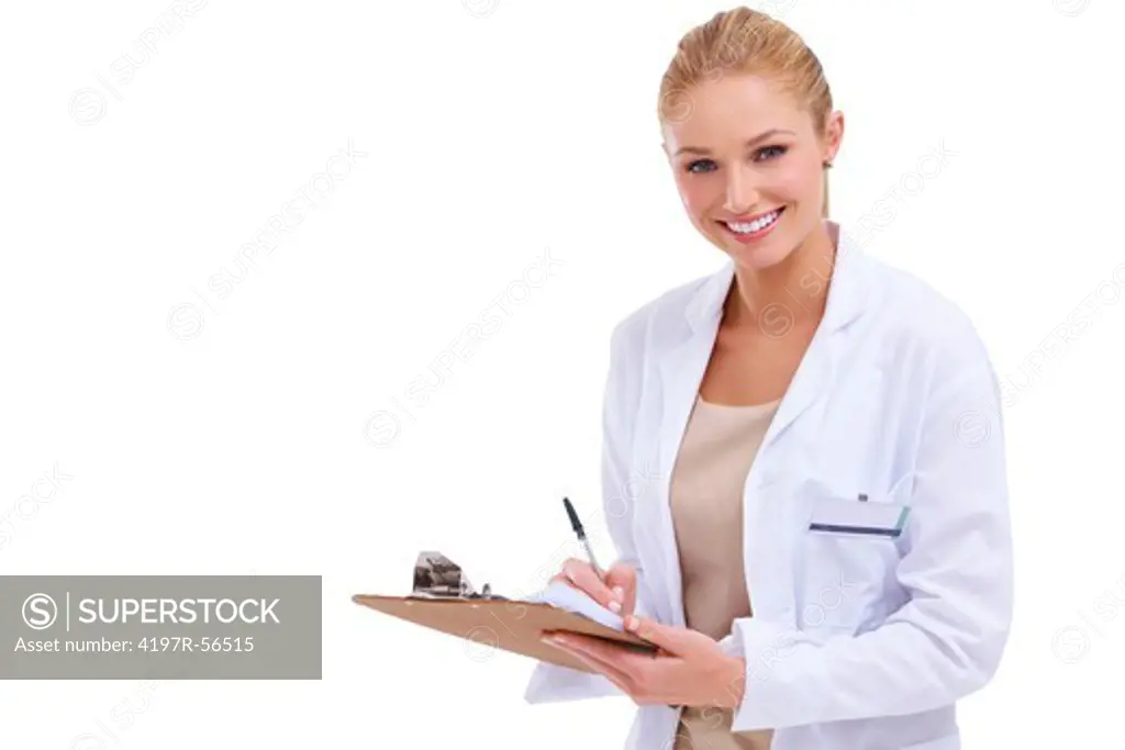 Closeup of a gorgeous young doctor holding a clipboard - copyspace