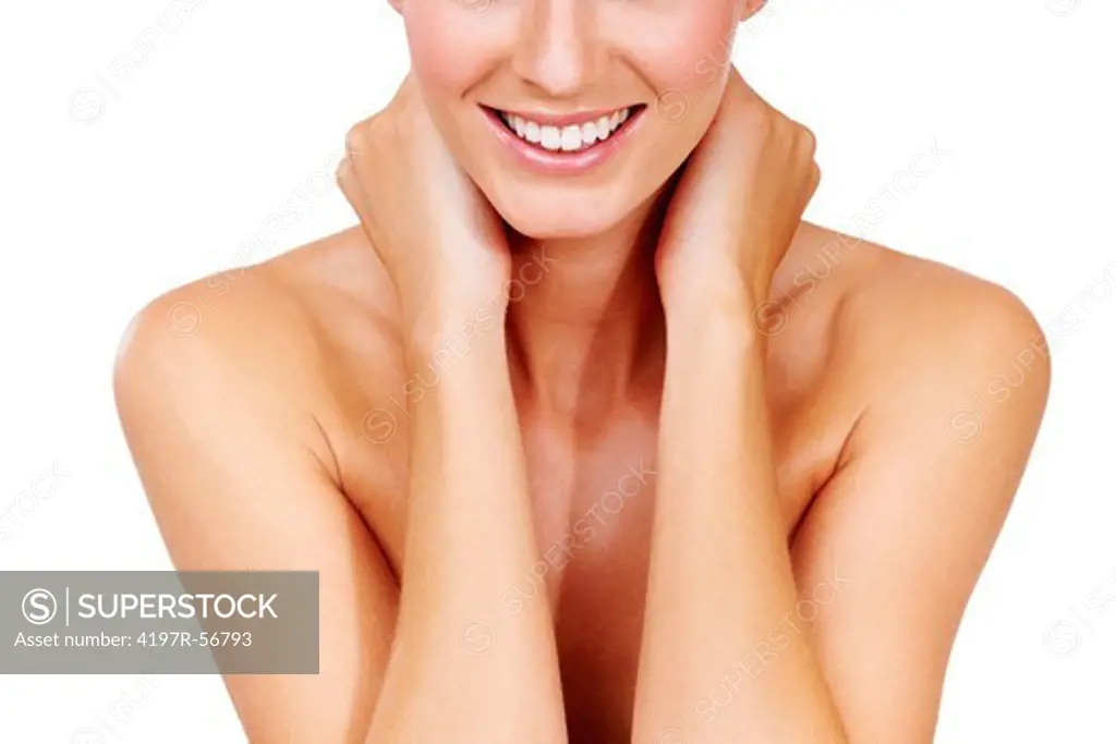 Cropped image of a happy woman holding her neck isolated on white