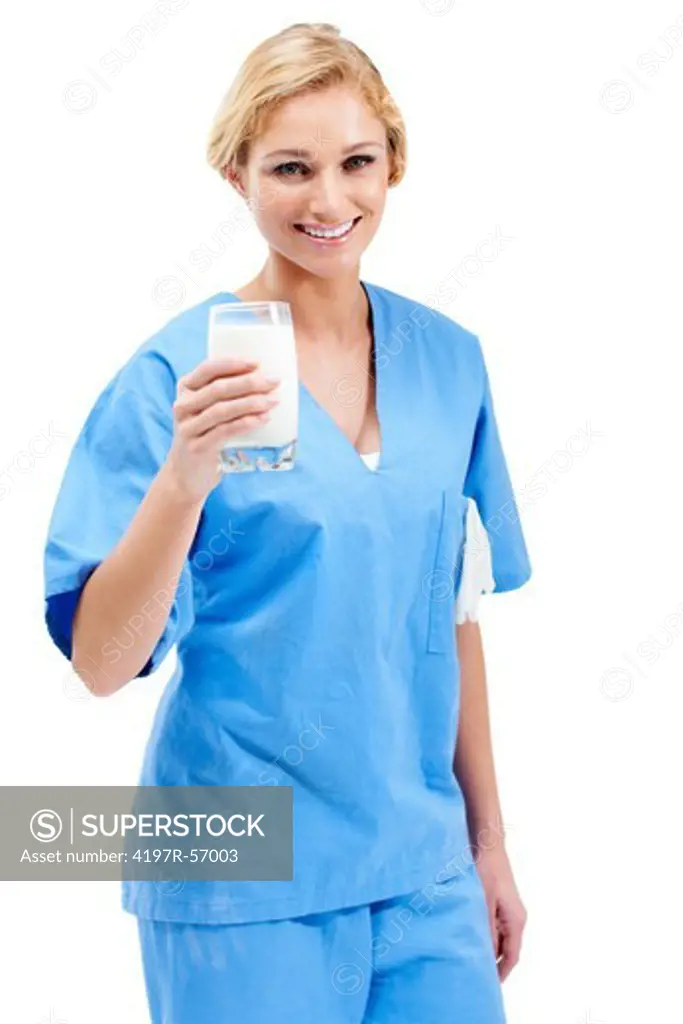Portrait of a nurse holding a glass of milk while isolated on a white background