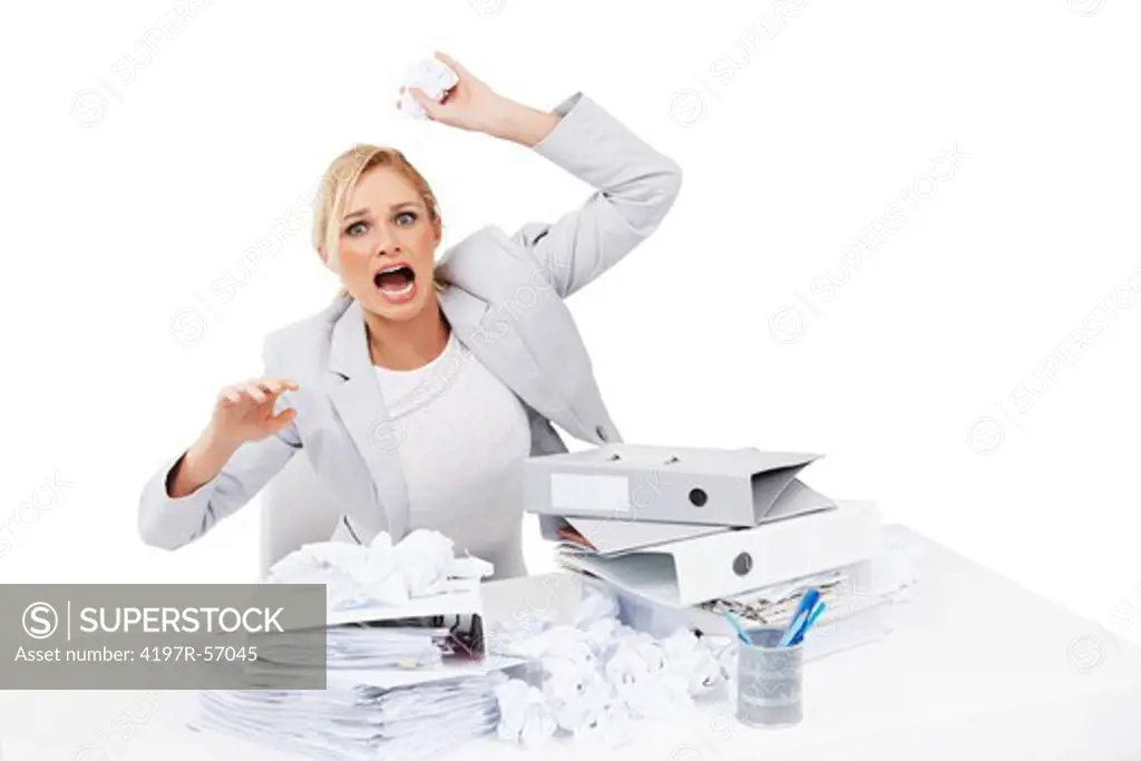 An angry young businesswoman throwing a crumpled document at you - Copyspace