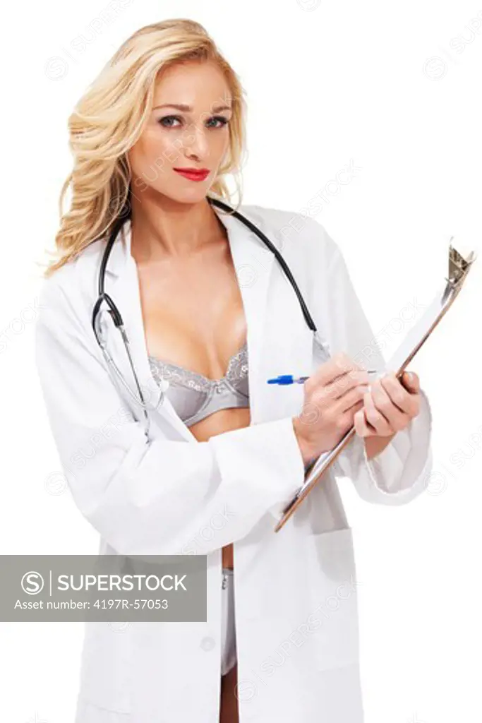 A sexy young doctor wearing a labcoat and lingerie taking down your details on her medical chart
