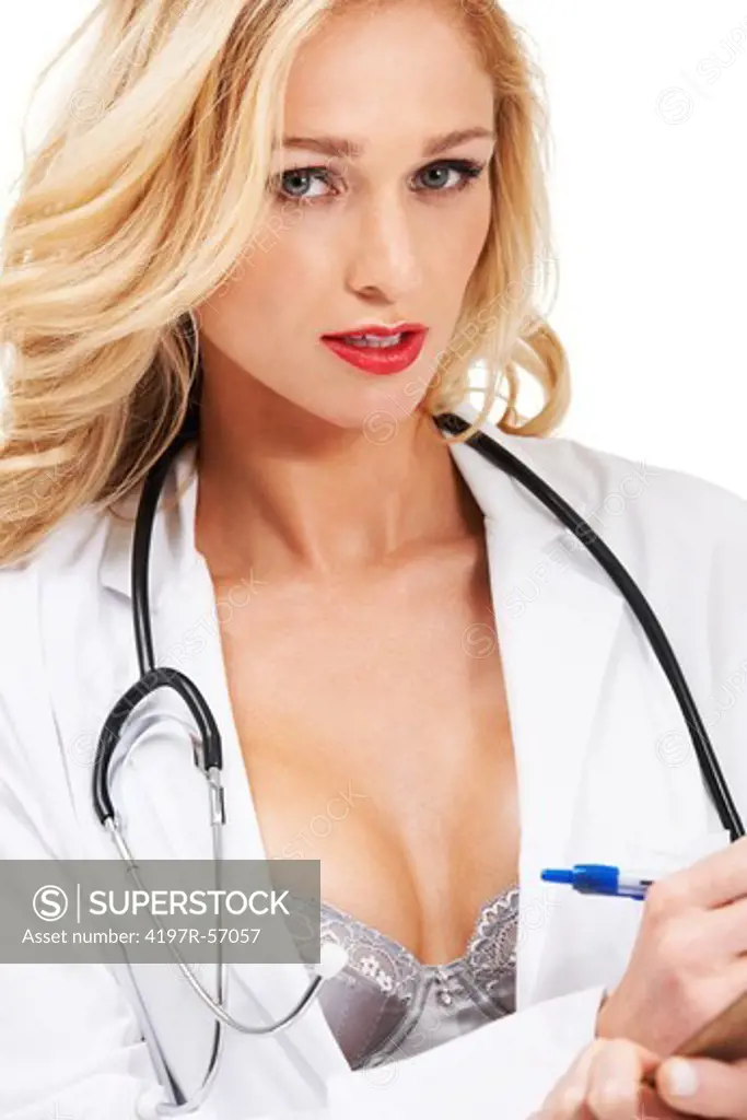 A sexy young doctor wearing a labcoat and lingerie taking down your details on her medical chart