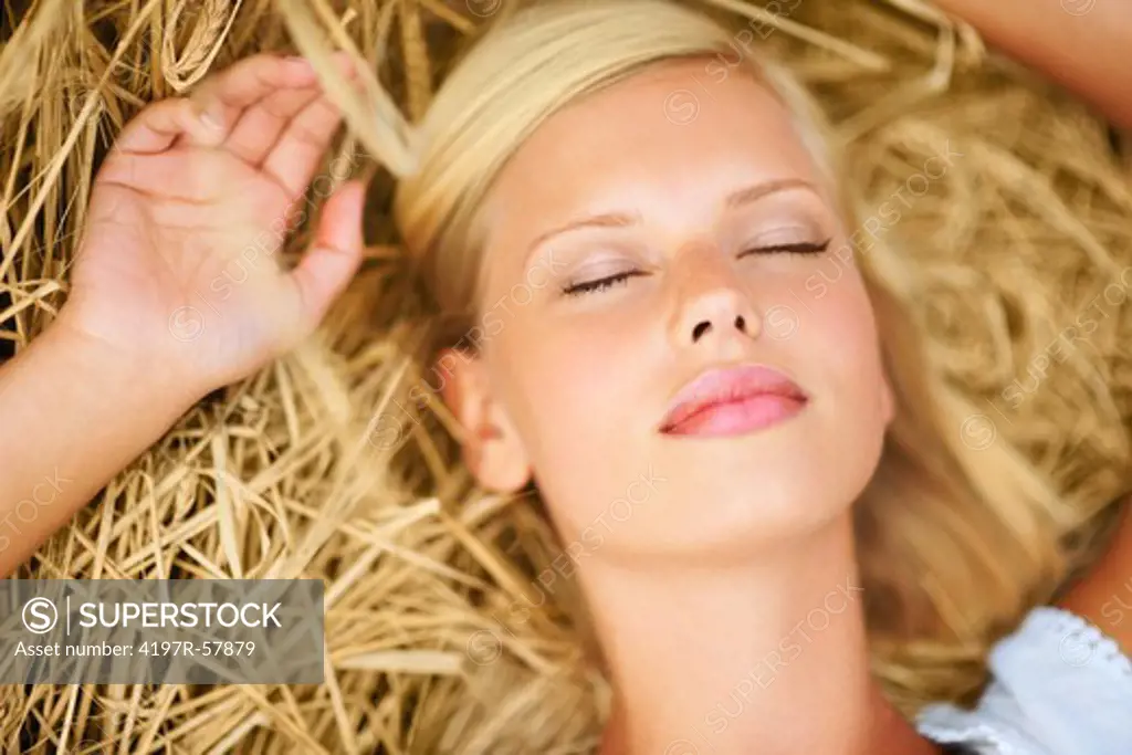 An attractive blonde woman sleeping in a haystack