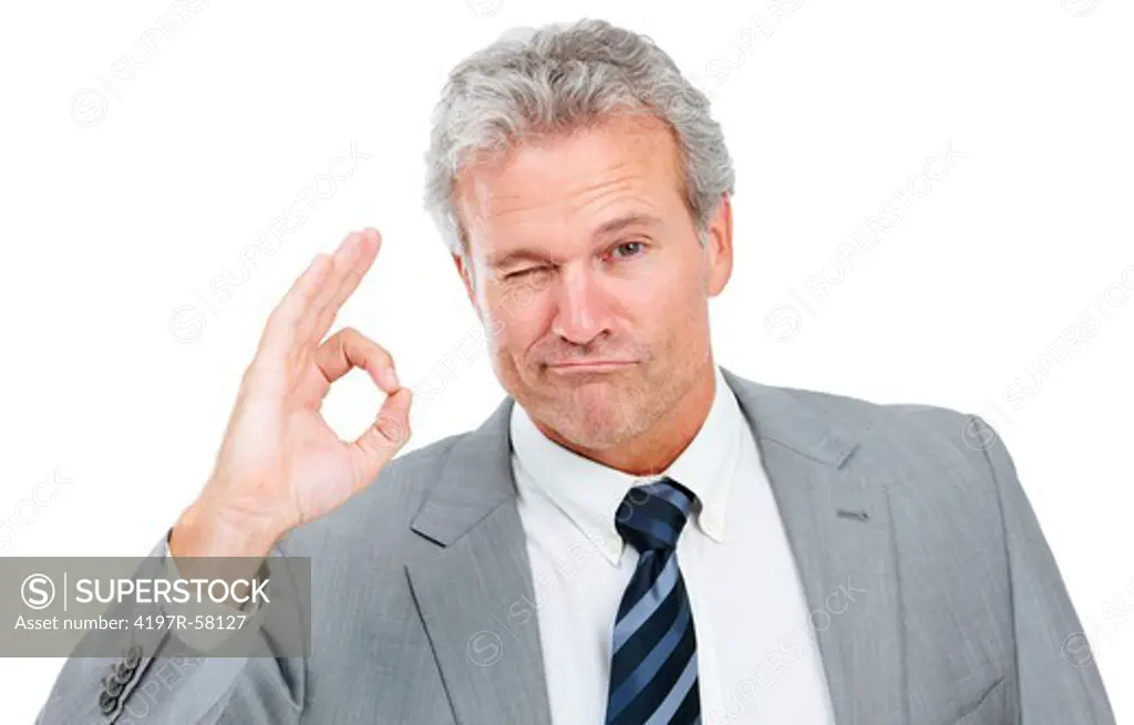 A handsome executive telling you everything is awesome while isolated on a white background