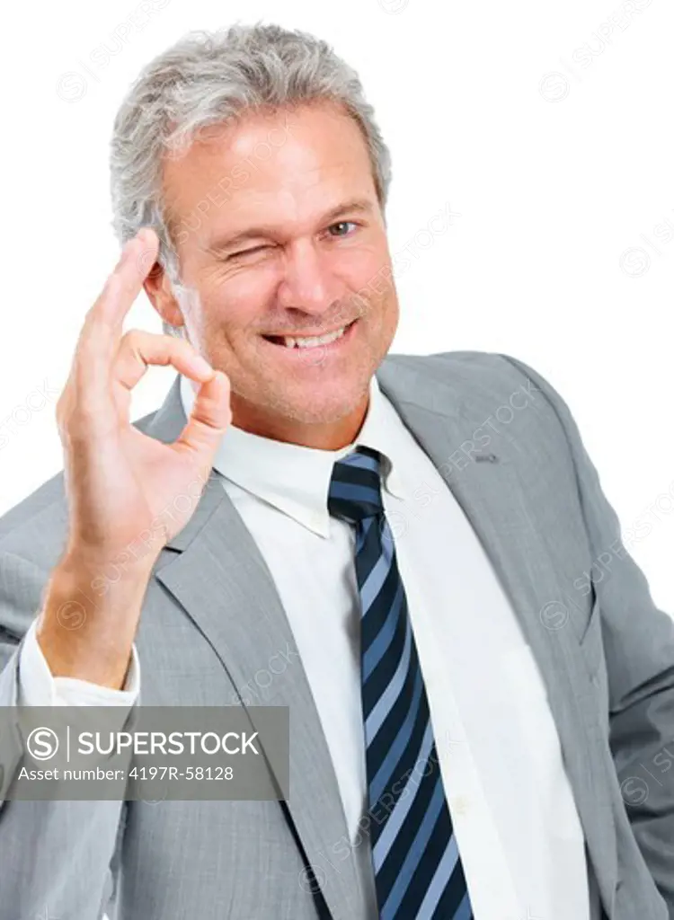 A handsome businessman telling you everything is awesome while isolated on a white background