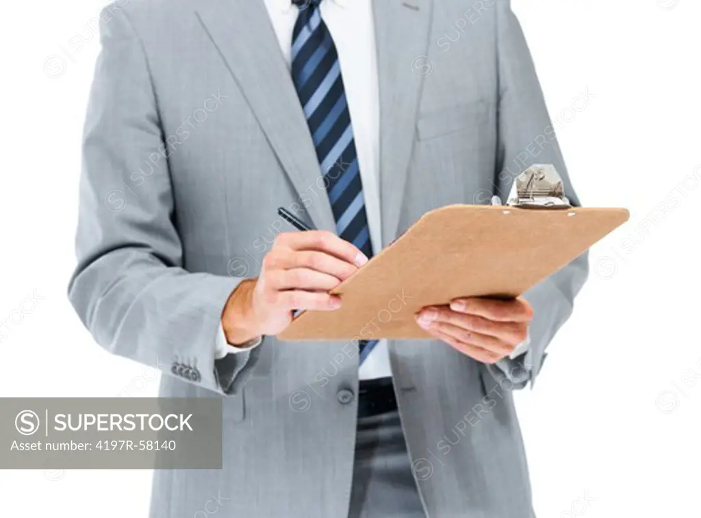 Cropped image of an executive taking notes while isolated on a white background