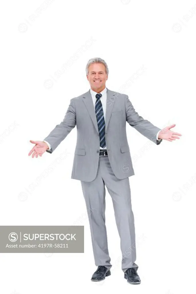 Full-length portrait of a smiling businessman welcoming you with open arms