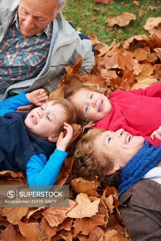 Grandparents lying in the leaves outside with their grandkids