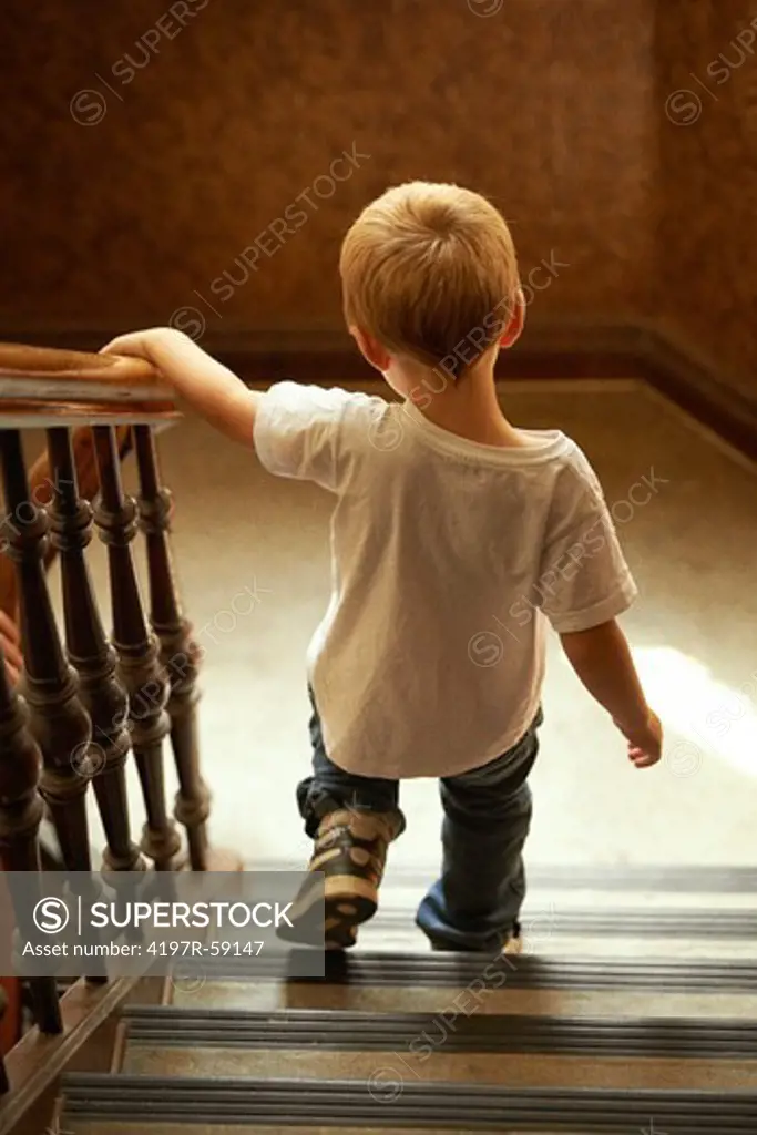 Rear view of a young boy walking down the stairs at home