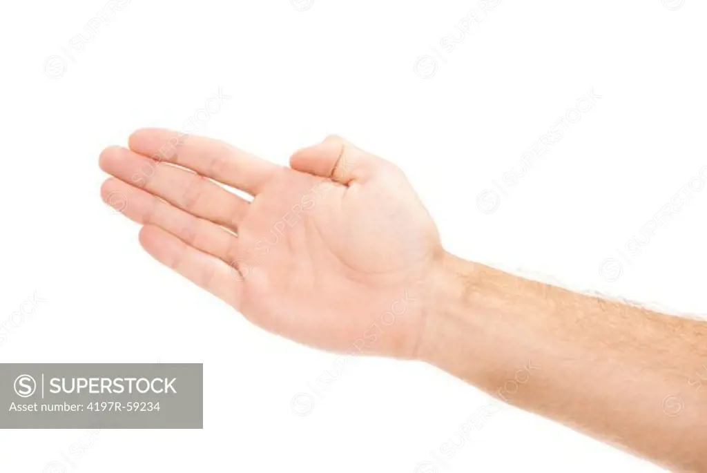 An isolated hand with open palm and fingers together