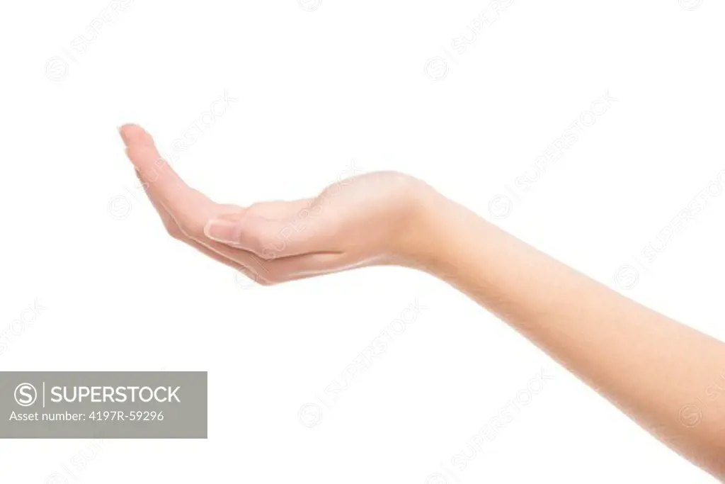 Cropped view of a hand cupped over a white background