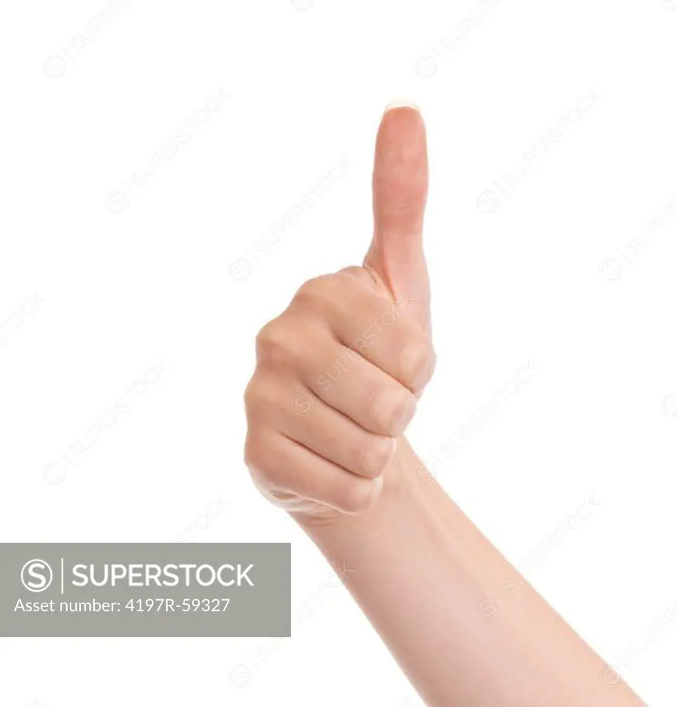 Single hand giving the thumb's up on a white background