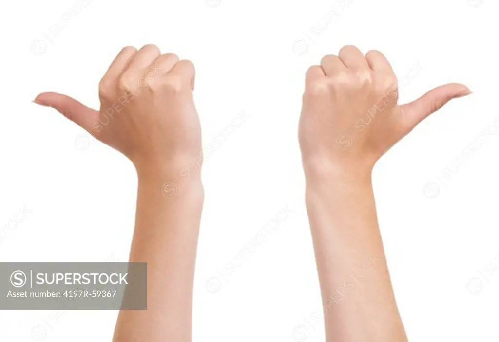 Two hands with their thumbs pointing out against a white background