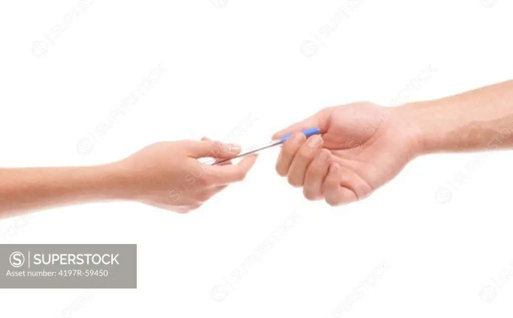 Cropped view of a female hand passing a male hand a pen