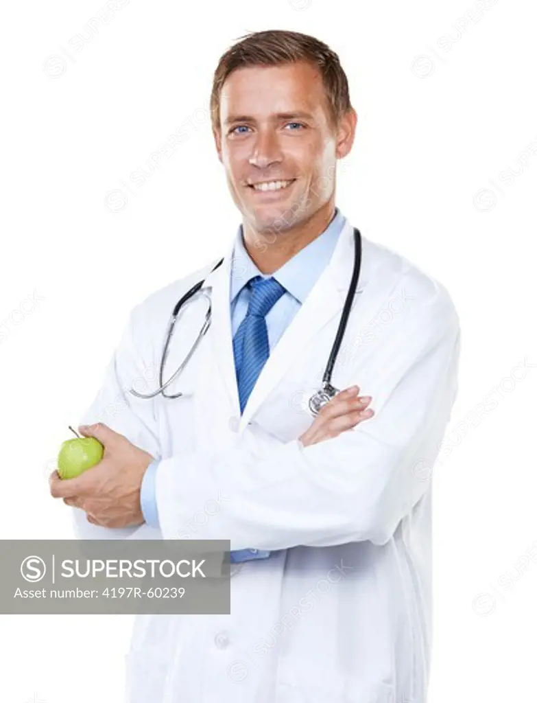 Studio portrait of a confident young doctor holding isolated on white