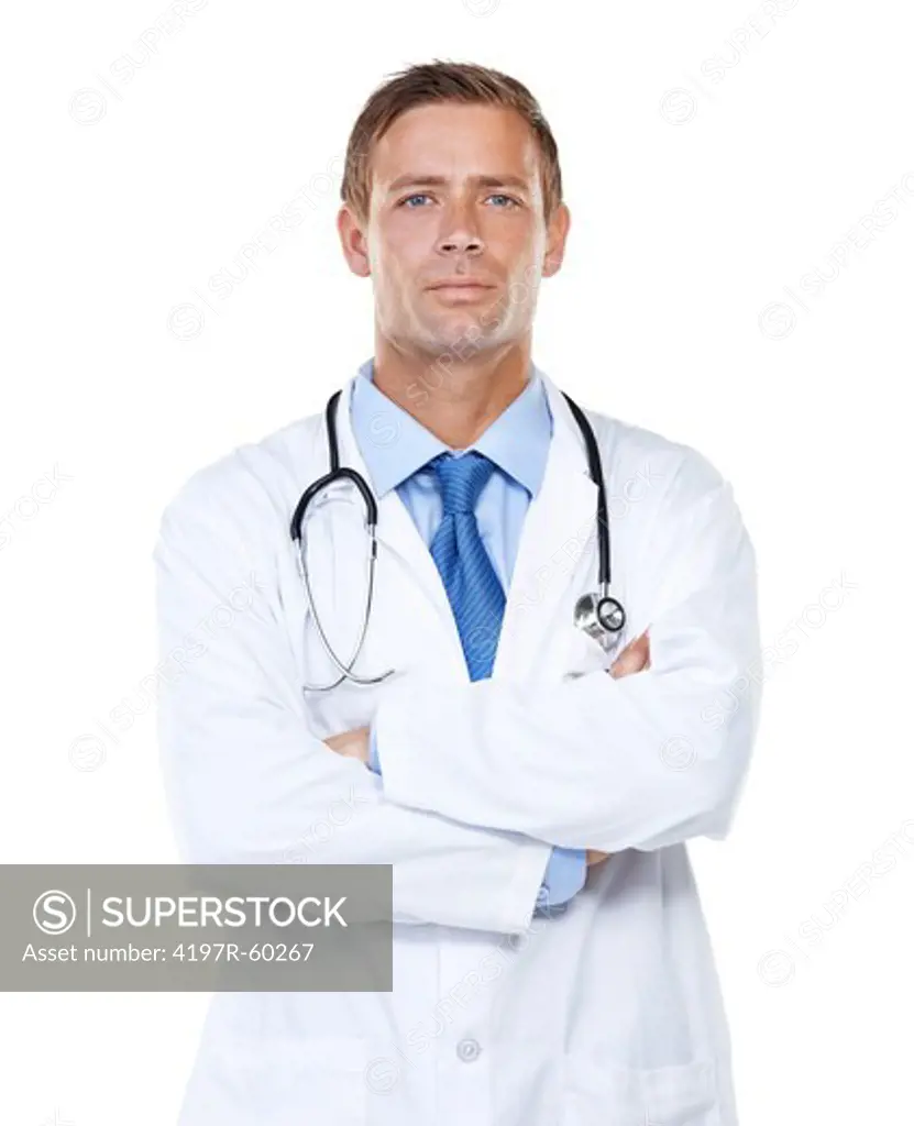 Studio portrait of a serious-looking young doctor isolated on white