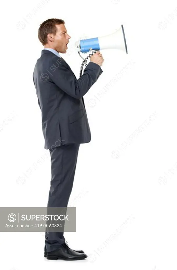 Full length profile of a bossy business manager talking into a megaphone